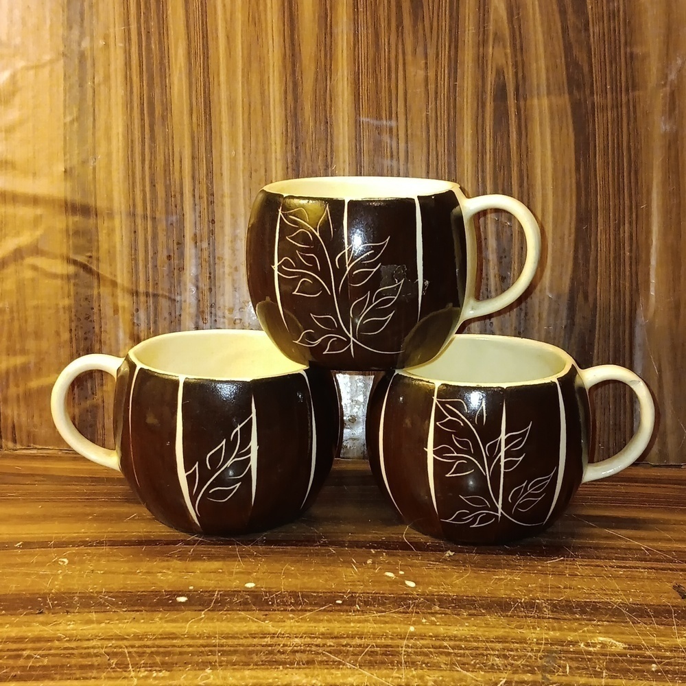 Vtg Purinton slipware Intaglio brown pottery coffee ☕️ cups